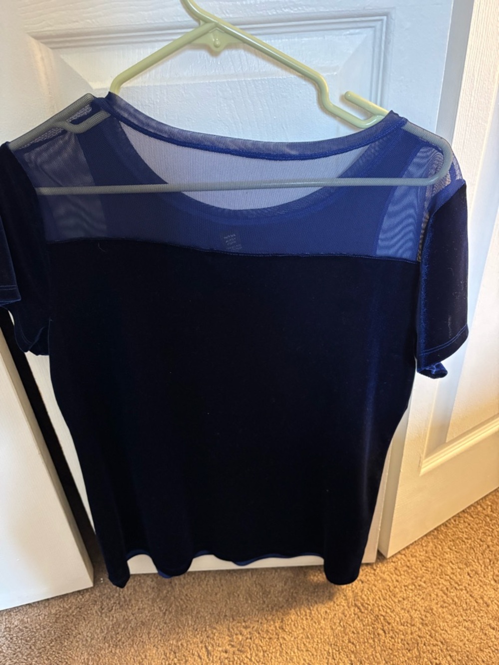 INC International Concepts Navy Velvet Top with Sheer Mesh Yoke